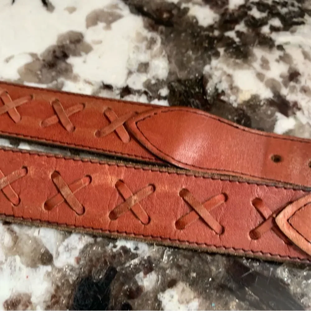 Oil Tanned Cowhide Belt - Decorative Repeated X Design - 38 Western Cowboy